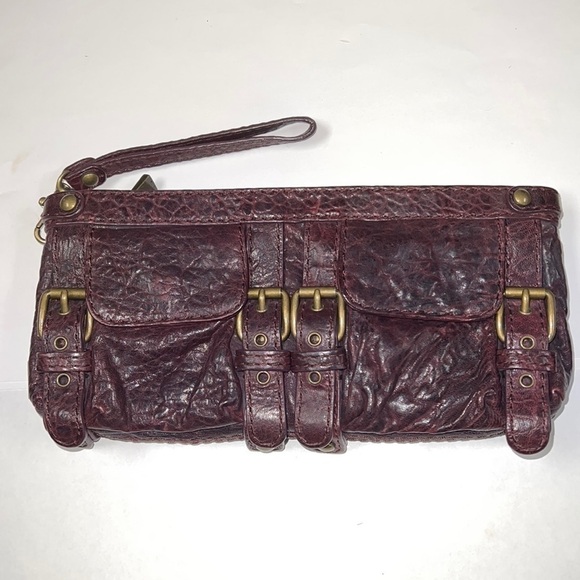 Kooba Wine Dark Red Leather Large Zippered Wristlet Clutch Bag - Picture 1 of 12